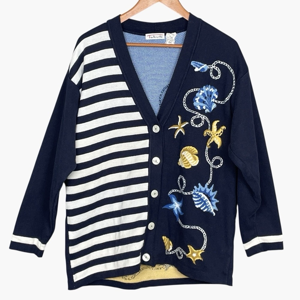 VTG Talbots Seashell Nautical Stripe Cardigan Sweater Womens XL Beach Maximalist